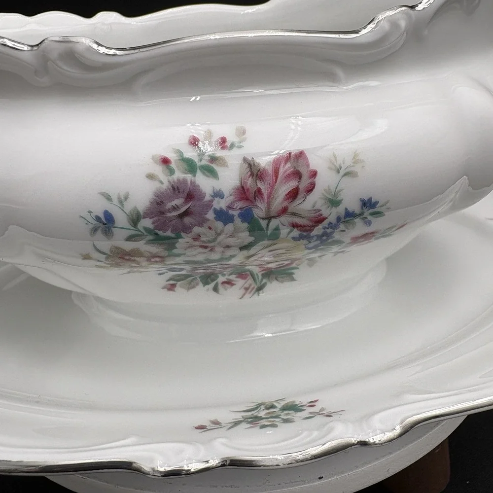 Crown Bavaria Germany Gravy Boat  Bowl Attached Platter Ladle Bouquet Floral Vtg